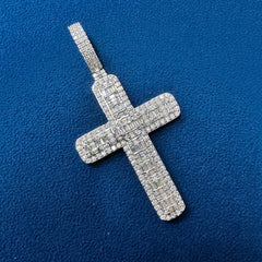 Diamond Cross Pendant, 18K White Gold Baguette Diamond Jesus Cross Pendant