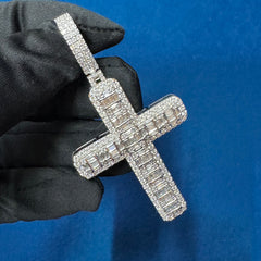 Diamond Cross Pendant, 18K White Gold Baguette Diamond Jesus Cross Pendant