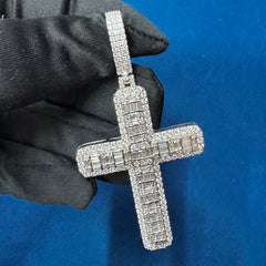 Diamond Cross Pendant, 18K White Gold Baguette Diamond Jesus Cross Pendant