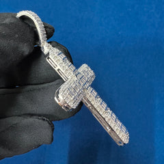 Diamond Cross Pendant, 18K White Gold Baguette Diamond Jesus Cross Pendant