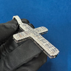 Diamond Cross Pendant, 18K White Gold Baguette Diamond Jesus Cross Pendant
