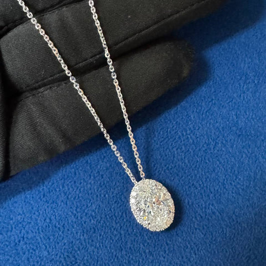 Halo Iced crushed Oval Cut Pendant necklace's 18K White Gold Chain