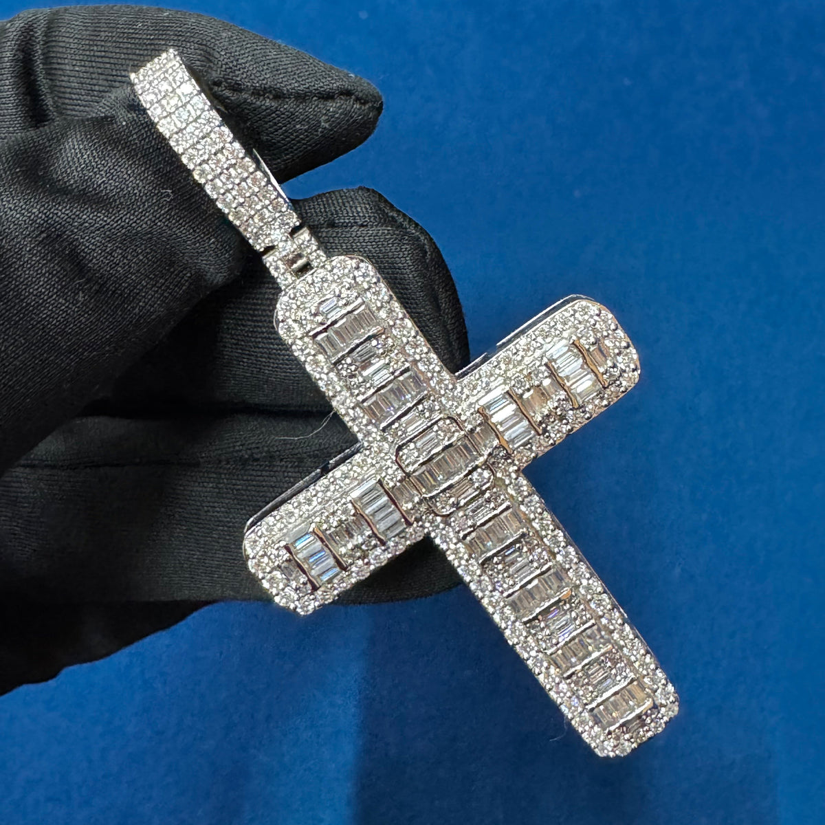 Diamond Cross Pendant, 18K White Gold Baguette Diamond Jesus Cross Pendant