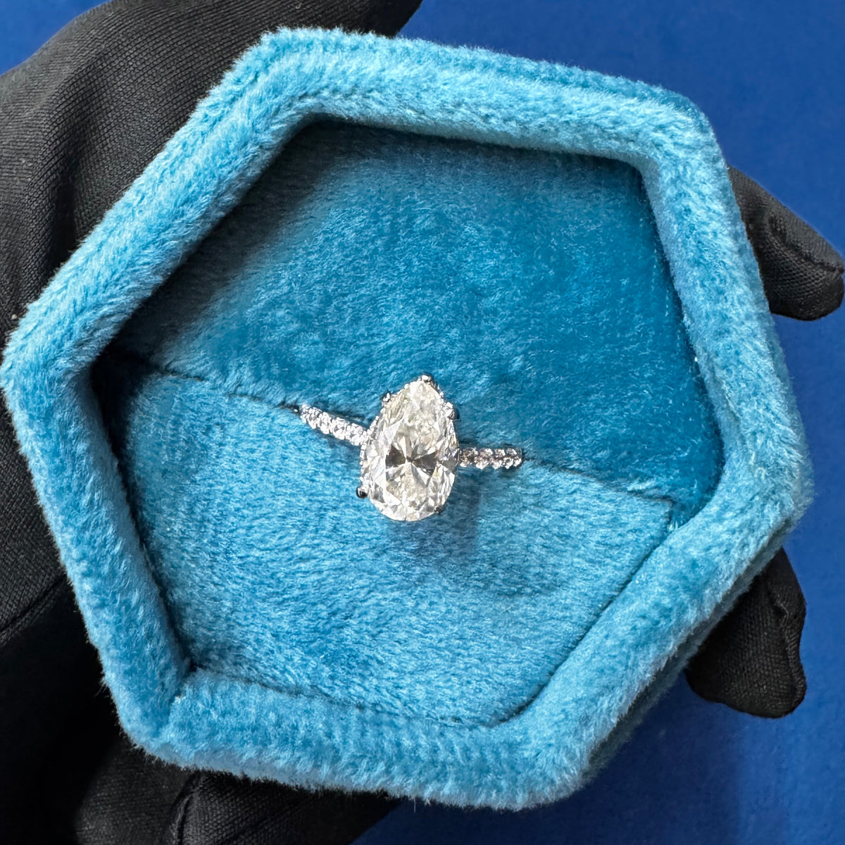 Pear Cut VVS Color Hidden Halo Lab Grown Diamond Engagement Ring