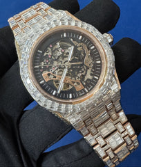 Invisible Baguette Diamond Studded Iced Out Skeleton Automatic Watch For Men