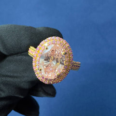 3.0Ct VVS2 Vivid Pink Color Oval Lab Grown Diamond Ring, Double Halo Engagement Ring