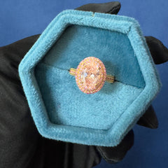 3.0Ct VVS2 Vivid Pink Color Oval Lab Grown Diamond Ring, Double Halo Engagement Ring