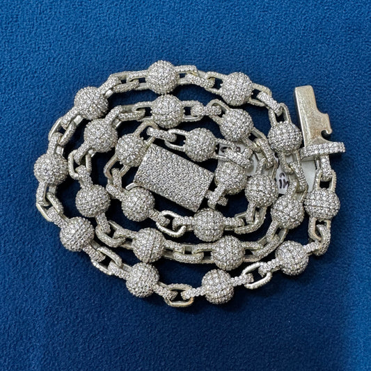 9.5 mm Clustered Lab Diamond Ball Necklace ,925 Sterling Silver Iced  Hip Hop Ball Chain∙