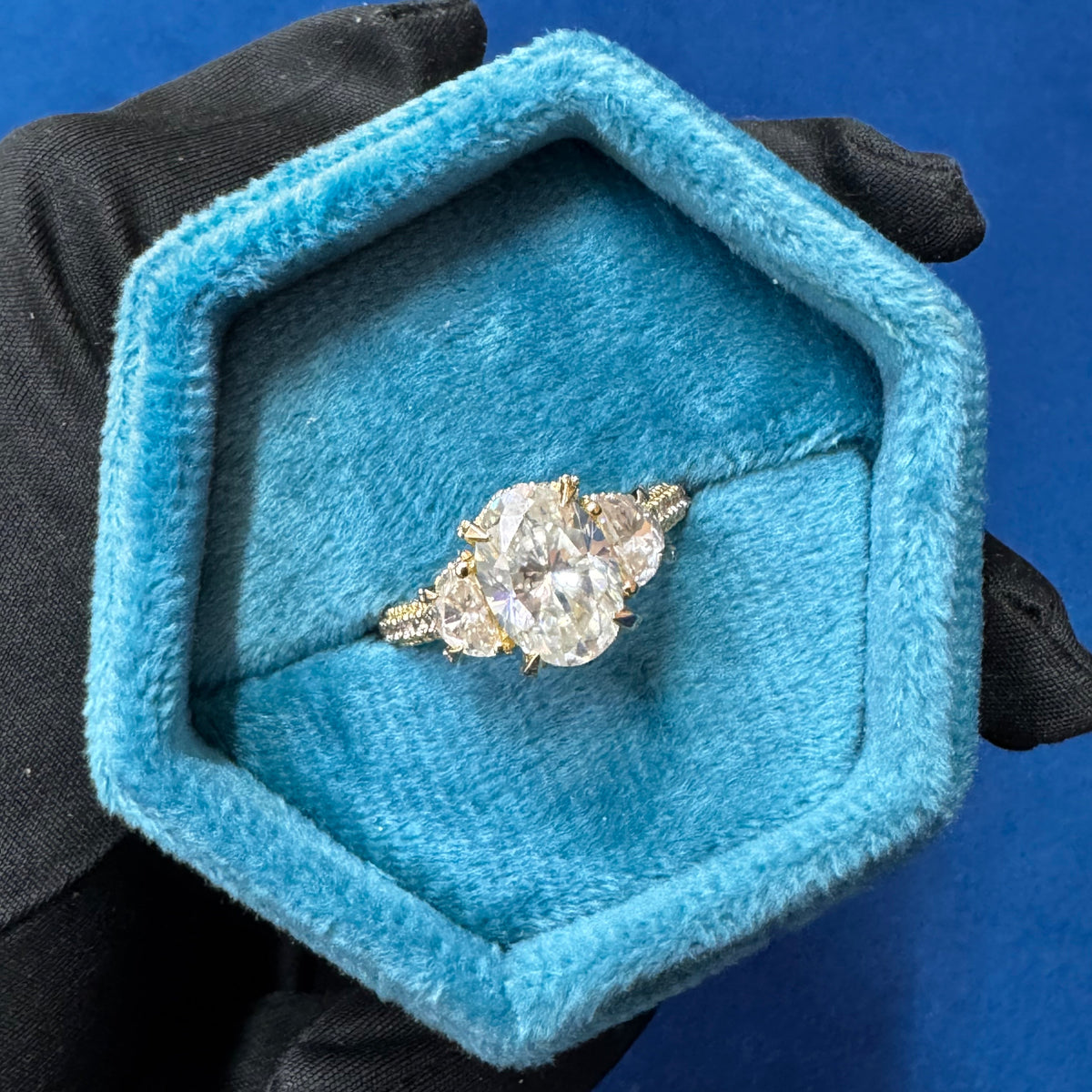 VVS Oval Cut Lab Grown Diamond Three Stone Hidden halo Engagement Ring