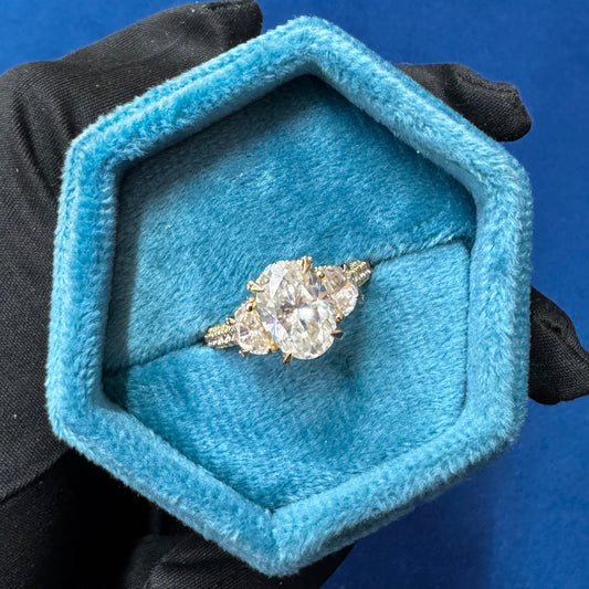 VVS Oval Cut Lab Grown Diamond Three Stone Hidden halo Engagement Ring